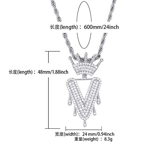 HECHUANG Micropave Simulated Diamond Iced Out Crowned Initial Dripping Letters Pendant with Rope Chain (Silver V, 30) - Thumbnail 3