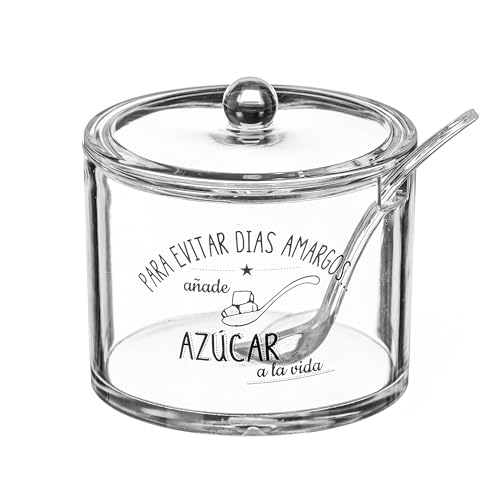 Azucarero Metacrilato con Tapa - Recipiente para guardar Azúcar 9cm de Diametro con Frase (Para Evitar Dias Sosos)