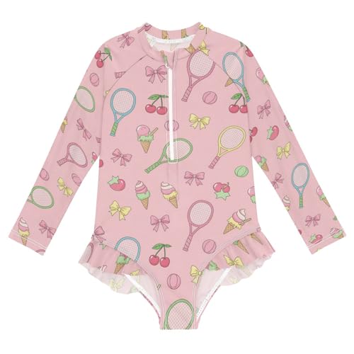 Tennis Ice Cream Pattern Girls Rash Guard Swimsuits Long Sleeve One Pieces Bathing Suit UPF 50+ Zipper Swimwear
