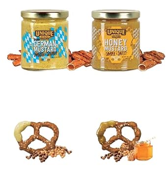 Unique Snacks Bundle Pack, 6 Bags of Extra Dark Splits Pretzels and 2 Jars of Honey Mustard Dip, Non-GMO Snacks, Dips and Spreads, No Artificial Flavor