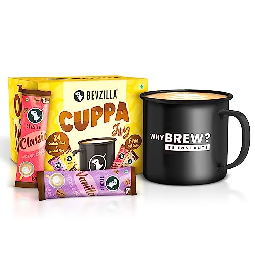 Image of Bevzilla 24 Flavoured Coffee Sachets & Enamel Mug | Makes 24 Cups| 6 Sachets Each Flavour | Turkish Hazelnut, Colombian Gold, French Vanilla & English Butterscotch | Cuppa Joy Box