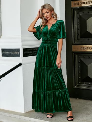 Image of Amegoya Women's Short Sleeve V Neck Formal Wedding Guest Maxi Dresses Spring Fall Evening Party Long Dresses