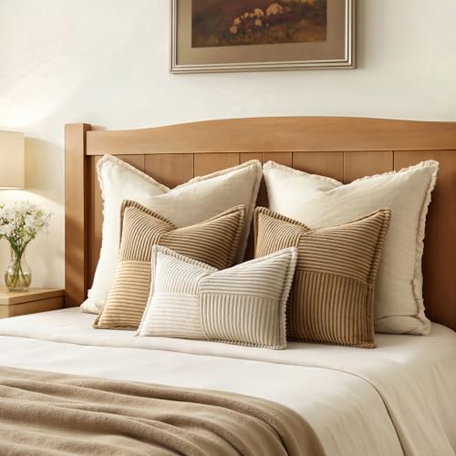 Image of MIULEE Decorative Throw Pillow Covers for Couch Bed Livingroom 18x18 Inch Set of 2 Brown Boho Accent Throw Pllows Broadside Striped Patchwork Soft Corduroy Pillowcases