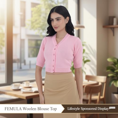 Image of Women Winter Wear V-Neck Half Sleeves Regular Fit Woollen Blouse