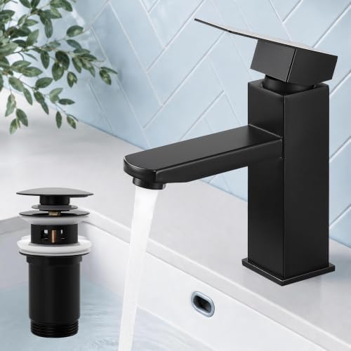 HOMELODY Wasserhahn Bad Schwarz mit Ablaufgarnitur, Waschtischarmatur Bad | Edelstahl Einhebelmischer Armatur Waschbecken Eckig, Mischbatterie Waschbecken mit Pop-Up Ablauf, Wasser
