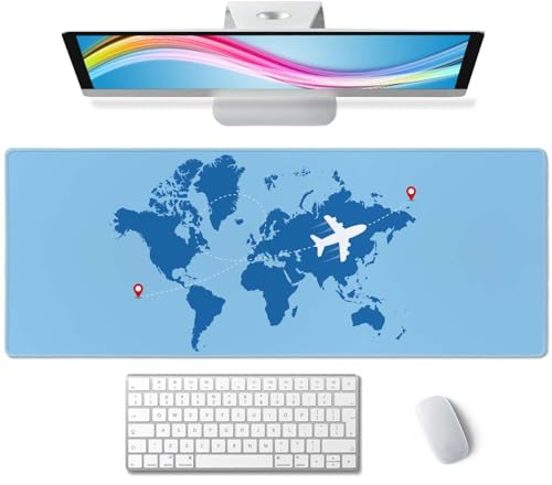 Grand tapis de souris bleu avec motif carte du monde avec avion, tapis de souris de jeu étendu, tapis de souris pour ordinateur portable, 80 x 30 cm, base en caoutchouc antidérapant avec bords cousus