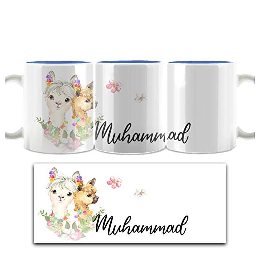 Personlig mugg anpassad med namn/initialer, (3,25 dl) medium blå insida mugg med alpackor julgranskulor design