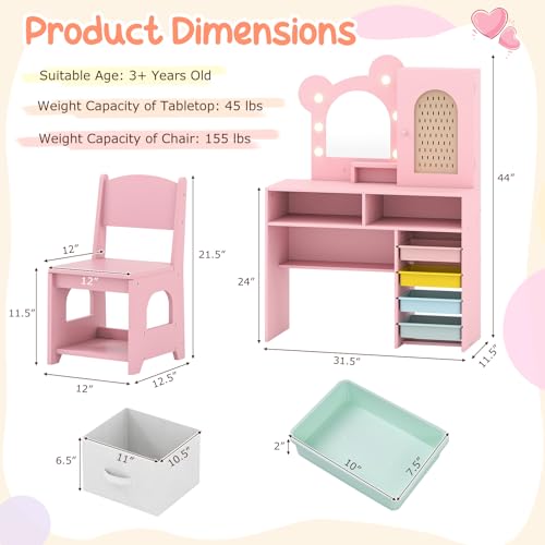 Image of Costzon Kids Vanity with Lights, Girls Vanity Set with Mirror, Storage Drawers, Cabinet & Shelves, Toddler Makeup Vanity Desk Dressing Table, Wooden Kids Vanity Table and Chair Set (Pink)