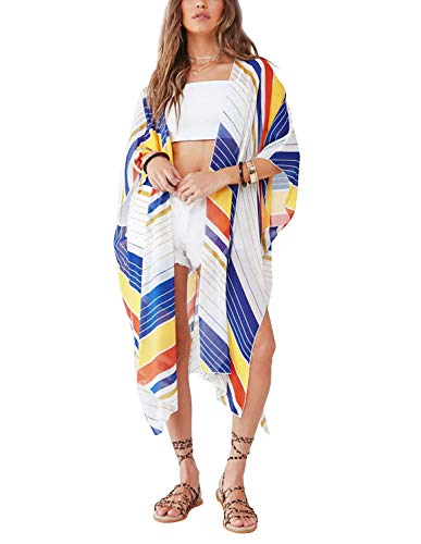 ChainJoy Women's Floral Print Kimono Cardigan Sheer Chiffon Beach Cover Up Casual Loose Blouse Top