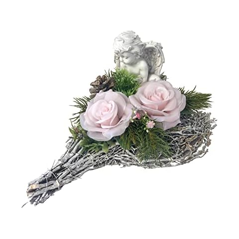 Grabgesteck Grabschmuck Grabaufleger Herz Grab Friedhof Trauerherz Rebenherz Totensonntag Allerheiligen Rosa Herz Engel 2 Wachs Rosen (Rosa) Cover