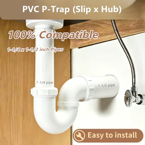 Image of LESSO P Trap PVC 1-1 /4 x 1-1 /2 Inch for RV Drain | Bathroom Kitchen Sink Drain Pipe Tubular Kit with Threaded Adapter Ring Plastic Nut (Slip x H)