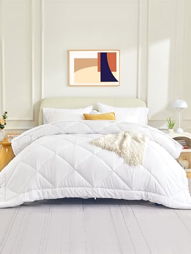 SLEEP ZONE Reversible Queen Size Cooling Comforter, Soft Breathable Bedding Down Alternative Comforter Warm for All Seasons, Diamond Quilting White