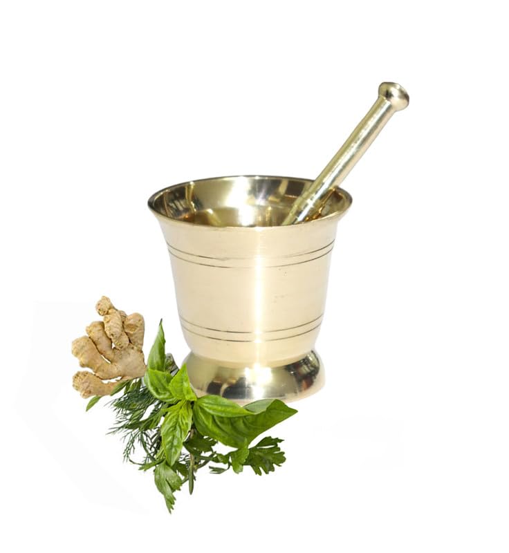 BRACOP Messingmörser- und Stößel-Set manueller Zerkleinerer Hamam Dasta Küchenhelfer Kräuter-Ingwer-Zerkleinerer Gewürzmühle Schüssel Molcajete Kochwerkzeuge 2-teiliges Set Mörser und Stößel Mühle