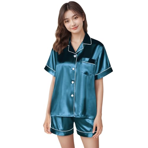 [mumisuto] パジャマ レディース 上下セット 女性用 シミ加工 シルク 半袖 ショートパンツ ルームウェアセット 前開き 室内着 部屋着 滑らか 通気性 薄手 肌に優しい 春 夏 秋 ナイトウェアの商品画像（Amazon）