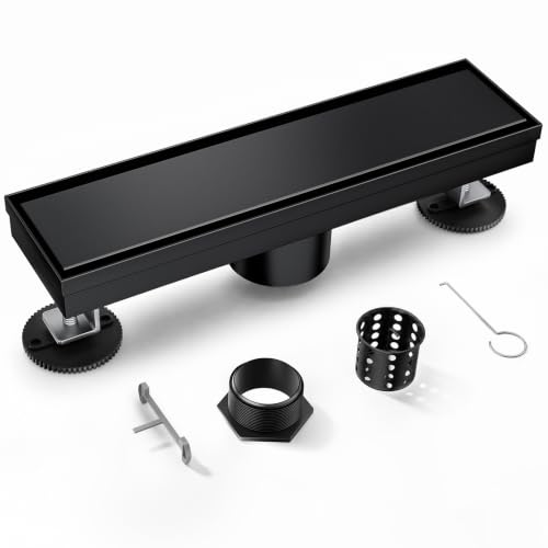 Mirravative Linear Shower Drain 304 Stainless Steel with Adjustable Leveling Feet Hair Strainer Reversely Install Place to Create an Invisible Floor Drain- Black -12-Inch