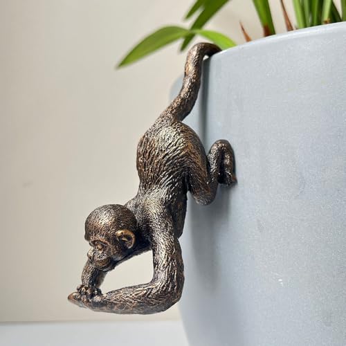 JARPSIRY Funny Hanging Monkey Flower Pot Hugger Figurines Vintage Bronze Resin Animal Statue Planter Pot Decorations for Home Garden Fence Balcony Patio Lawn Yard Ornaments