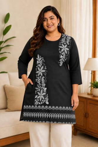 Image of RYSH Women's Plus Size Printed Kurta | Round Neck | 3 /4 Sleeve | Relaxed Fit