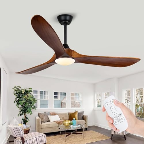 MSHENUED Ventilatore da soffitto per esterni con luce e telecomando, con ventilatore da soffitto in legno massiccio, con 3 colori di luce, 6 velocità, timer, per il soggiorno (152cm 3 lame in legno)