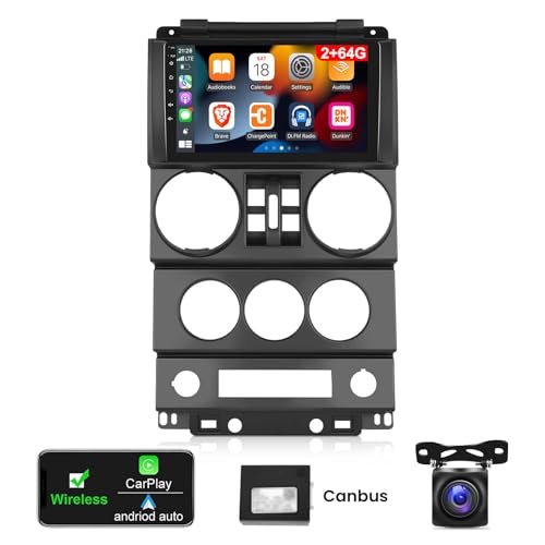[2G+64G] Car Radio for Jeep Wrangler 2007 2008 2009 2010 (4 Door), 9 inches Android 13 Touch Screen Stereo, Carplay/Android Auto/Hi-Fi/1080P/Bluetooth/SWC + AHD Backup Camera