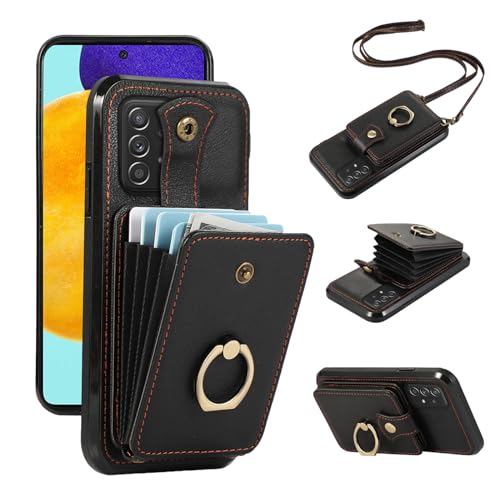 Cover per Samsung Galaxy A72 con Cordino Laccio Pelle Porta Carte Anello Supporto Protettivo Protezione TPU Silicone Antiscivolo Rinforzata A 72 72A S72 Custodia Case Nero