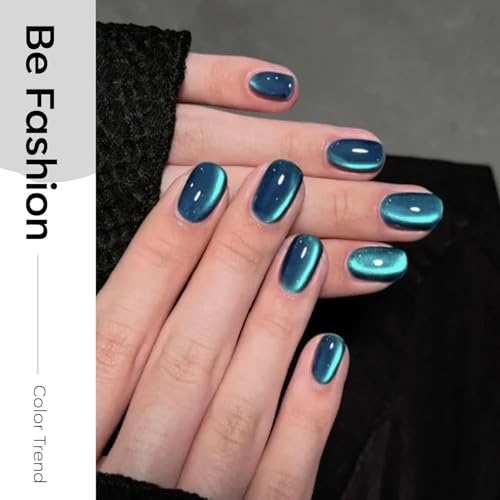 Image of modelones Cat Eye Gel Nail Polish Silk Blue Cat Eye Gel Polish Holographic 9D Glass Glitter Multichrome Polish Peacock Blue Nail Polish with Magnet Soak Off Led 15ML
