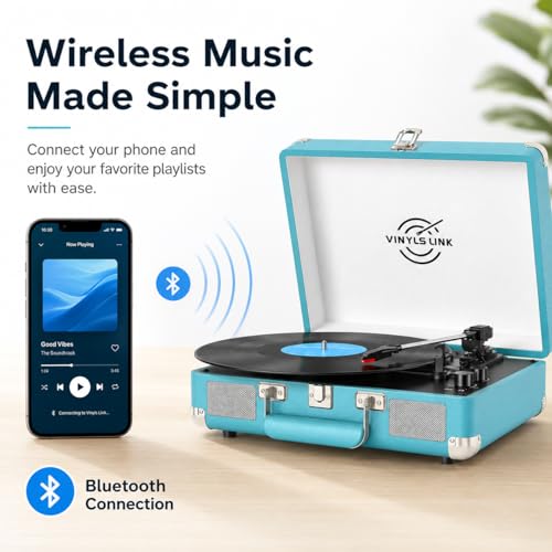 Image of Vinyl Record Player 3-Speed Bass Control Bluetooth Suitcase Portable Belt-Driven Record Player with Built-in Speakers RCA Out Headphone Jack Vintage Turntable Blue