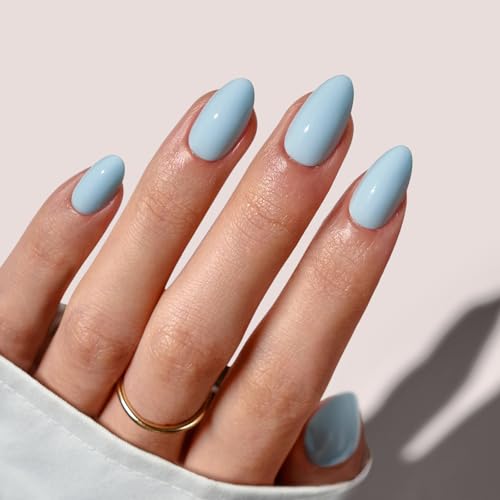 BTArtbox Press On Nails Short - Pastel Light Blue Almond Summer P...