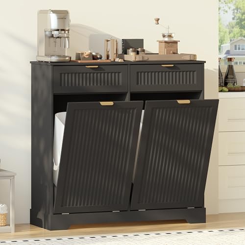 Image of Double 13 Gallon Tilt Out Trash Can Cabinet,Garbage Cabinet with Drawer | Hidden Garbage Storage with Fluted Design, Drawer & Hooks for Kitchen, Dining Room and Small Space Organization,Black