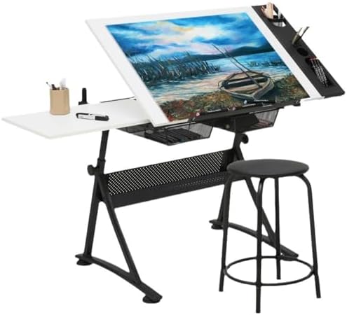 高さ調節可能なホワイトアートデスク、スツール付き、傾斜0°-65°テーブルトップ製図用描画テーブル、特大デスクトップと引き出し付き