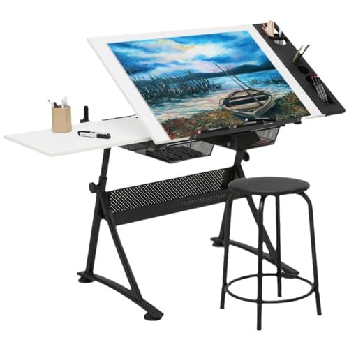 KJLYLPP Height Adjustable White Art Desk with Stools, Tilting 0°-65° Tabletop Drafting Drawing Table with Extra Large Desktop and Drawers, Foldable Stand up Craft Painting Table