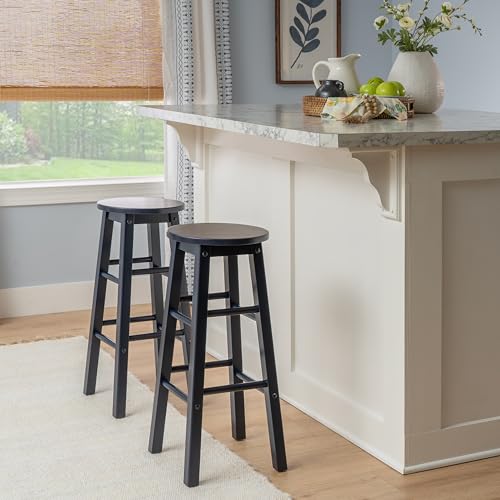 Image of Linon Zeke Navy Blue Solid Wood Backless Round Barstool with 29 inch Seat Height