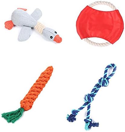 4-Pieces Dog Toys . Dog Plush Toy, Squeaky Toy, Dog chew Toy, Nylon Cloth Cotton Rope Flying disc Dog Training Toy, Colorful