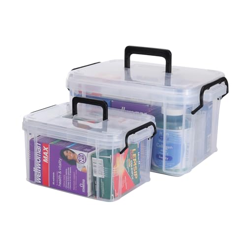 Image of HEY FOLY Set of 2 Clear Medicine Organizer Storage Box with Tray, 15qt+5qt Plastic First Aid Box Empty, Thickened Medicine Container Chest, Multipurpose Medical Case with Labels, Clear Medicine Caddy