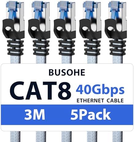 BUSOHE Cat 8 LAN Kabel 3m (5 Stück), 40Gbps Netzwerkkabel Ethernet Kabel | Flach Hochgeschwindigkeits Gigabit RJ45 Patchkabel, Geflochtener Internetkabel Kompatibel mit PC, Router,