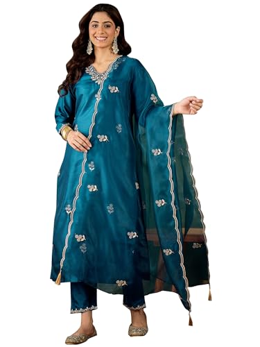Image of VredeVogel Women's Ethnic Wear Embroidered Silk Blend Kurta Pant Set with Organza Dupatta | Festive & Casual Summer Kurti with Pants for Party Office & Ethnic Occasions