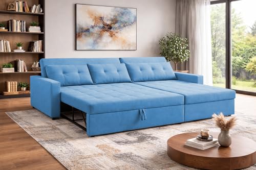 Image of Emilio 4 Seater RHS L - Shape Pull-Out Sofa Cum Bed Sofa for Living Room (Turquise Fabric Color) Premium Fabric Sofa Set for Living Room Sofa Cum Bed