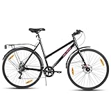 HILAND 自転車 クロスバイク 700x32cタイヤ シマノ製7段変速 ディスクブレーキ アルミフレーム 荷台付き 通勤 通学 街乗り お出掛け 新生活 人気 プレゼント 軽量