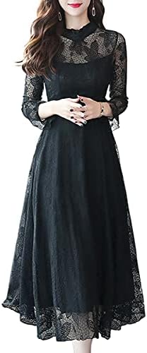 Sueeya Ladies’ Dress, Lacy, Long, Frill, Long-Sleeve, Flare, Repeated Pattern, Cute, High Waist, Looking Skinny, Fashionable, Sheer, Beautiful, Lining, Party, Wedding, Commute, After Party
