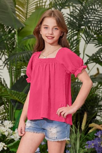 Image of BesserBay Girls Summer Puff Short Sleeve Square Neck Tee Shirts Ruffle Smocked Blouses Cute Swiss Dot Tops 5-14 Years