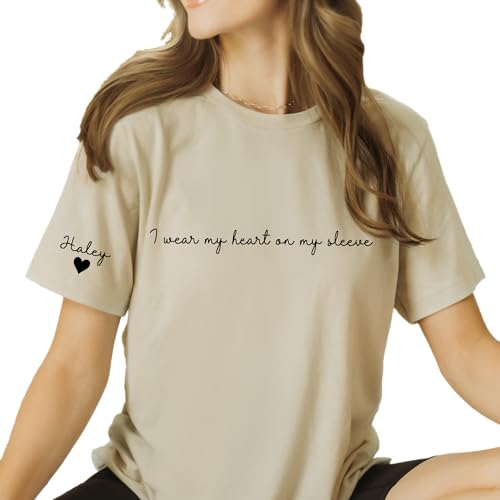 Personalized Mom Shirt with Kids Names on Sleeve I Wear My Heart On My Sleeve Tshirt Gifts for Mom Birthday Gift Custom Mama Tee for Mommy Women
