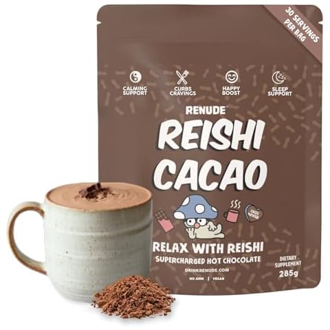 Renude Reishi Cacao - Mushroom Hot Chocolate, Mushroom Coffee Alternative, Mushroom Drink, Cacao Powder, Hot Cacao Mix with Reishi, Sleep Support, Organic Ingredients - 30 Servings Cover