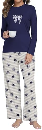 COSSEN Women Pajamas Sets Bow Lace Embroidered Top and Pants with Pocket Soft Sleepwear Two Piece Pjs Turtle Blue L