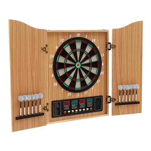 Dartboard Cabinet Set, Electronic Dart Board Machine with LED Display, Scoreboard Dart Machine Cabinet, 27 Games, 16 Players, Wall-Mounted Dartboard for Parties, Family, Offices (Yellow)