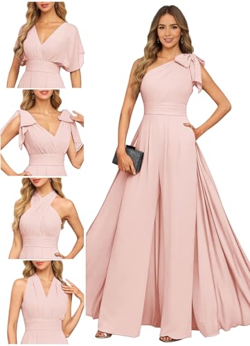 Mkojaa Women's Modest Convertible Jumpsuit Chiffon Overlay Wide Leg Pants Formal Wedding Attire Pink Formal Cruise Wear Jumpsuit for Women Pink US6