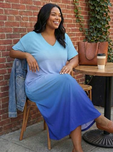 Image of SUZONANA Women Casual T-Shirt Dress V Neck Short Sleeve Solid Color Oversize Dress with Front Two Pockets