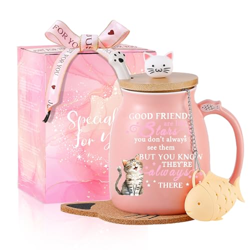 Image of Friendship Gifts for Women Cute Cat Coffee Mugs Unique Best Friend Birthday Gifts for Women Her Girls Cat Lovers Ceramic Kawaii Coffee Tea Cup Special Christmas Friends Presents Galentines Gift