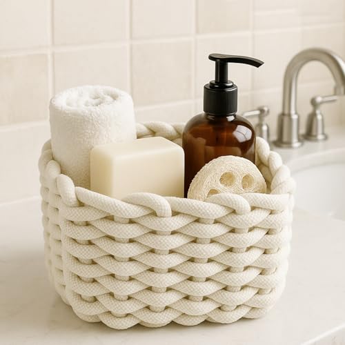 2 Stück Aufbewahrungskorb Geflochten Baumwolle Strickkorb, Quadratische Körbchen Geflochten Klein Wickeltisch Organizer, Korb Weiß für Schränke, Bad, Küche, Kinderzimmer-20 x 15 x 12 cm