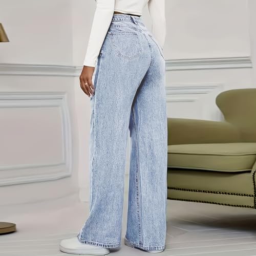 Jean jambe large taille haute extensible avec poches coupe flatteuse sans bouton