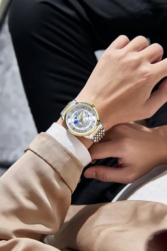 Image of London Fog Baker Collection Analog Quartz Watch for Men, Round World Map Dial with Month Markers & Crystal Accents, Luminous Hands, Stainless Steel Strap - LFM10009