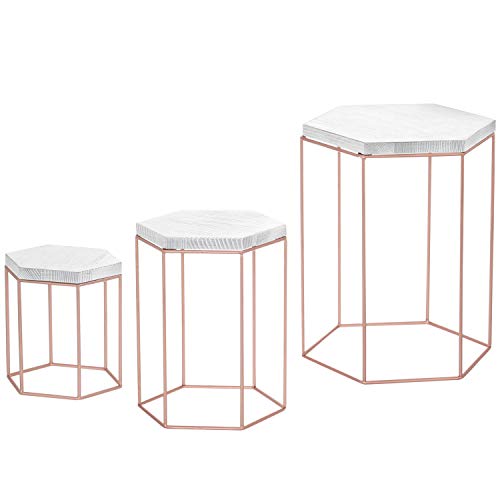 Mygift Geometric Vintage White Wood & Rose Gold-Tone Metal Display Riser Stands, Set Of 3 #TOP4